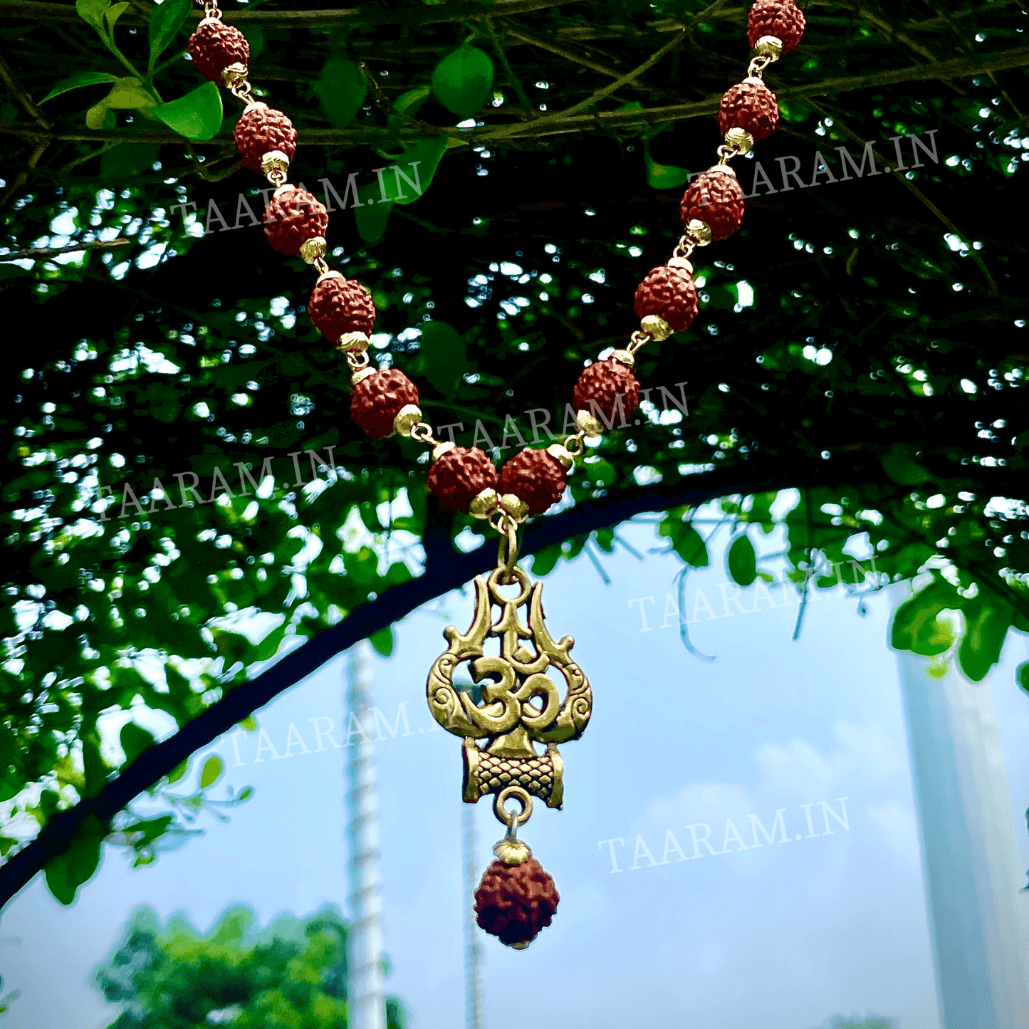 Gold Plated Rudraksha OM Shiva Trishool Necklace – Spiritual Protection & Strength