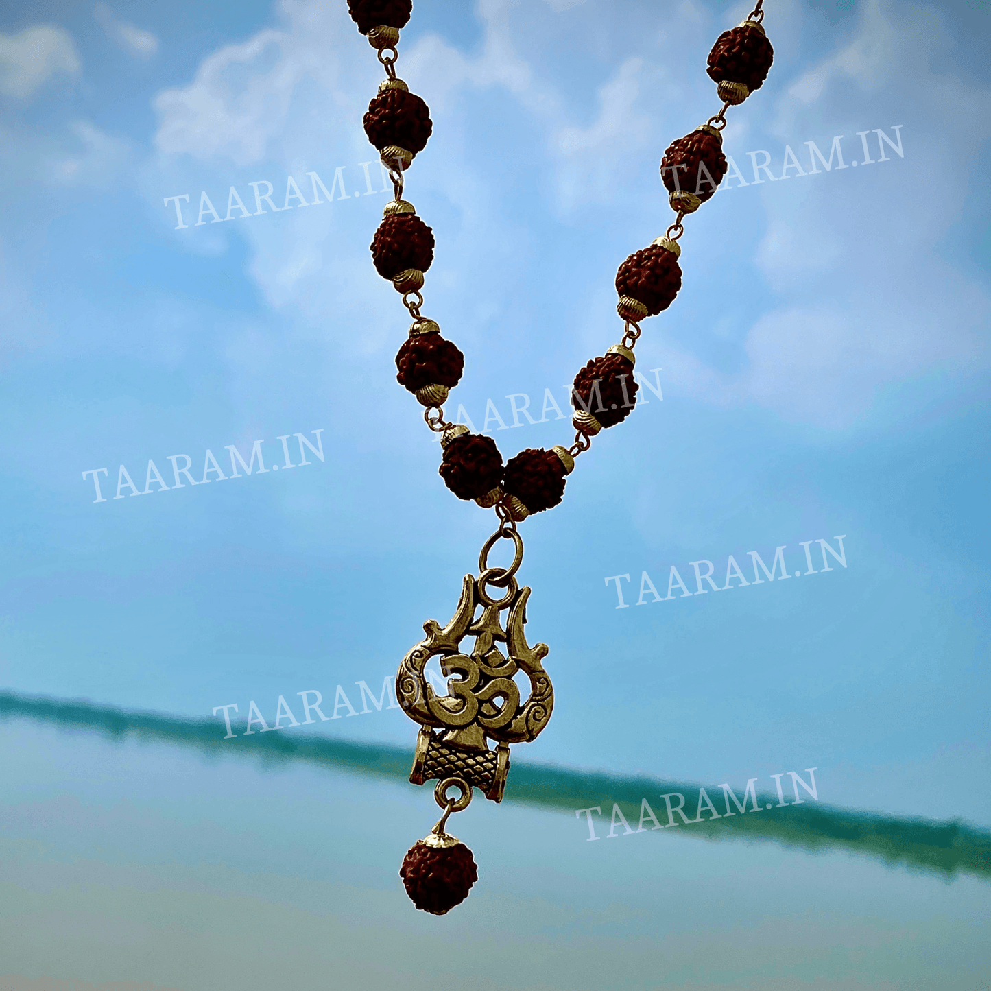 Gold Plated Rudraksha OM Shiva Trishool Necklace – Spiritual Protection & Strength