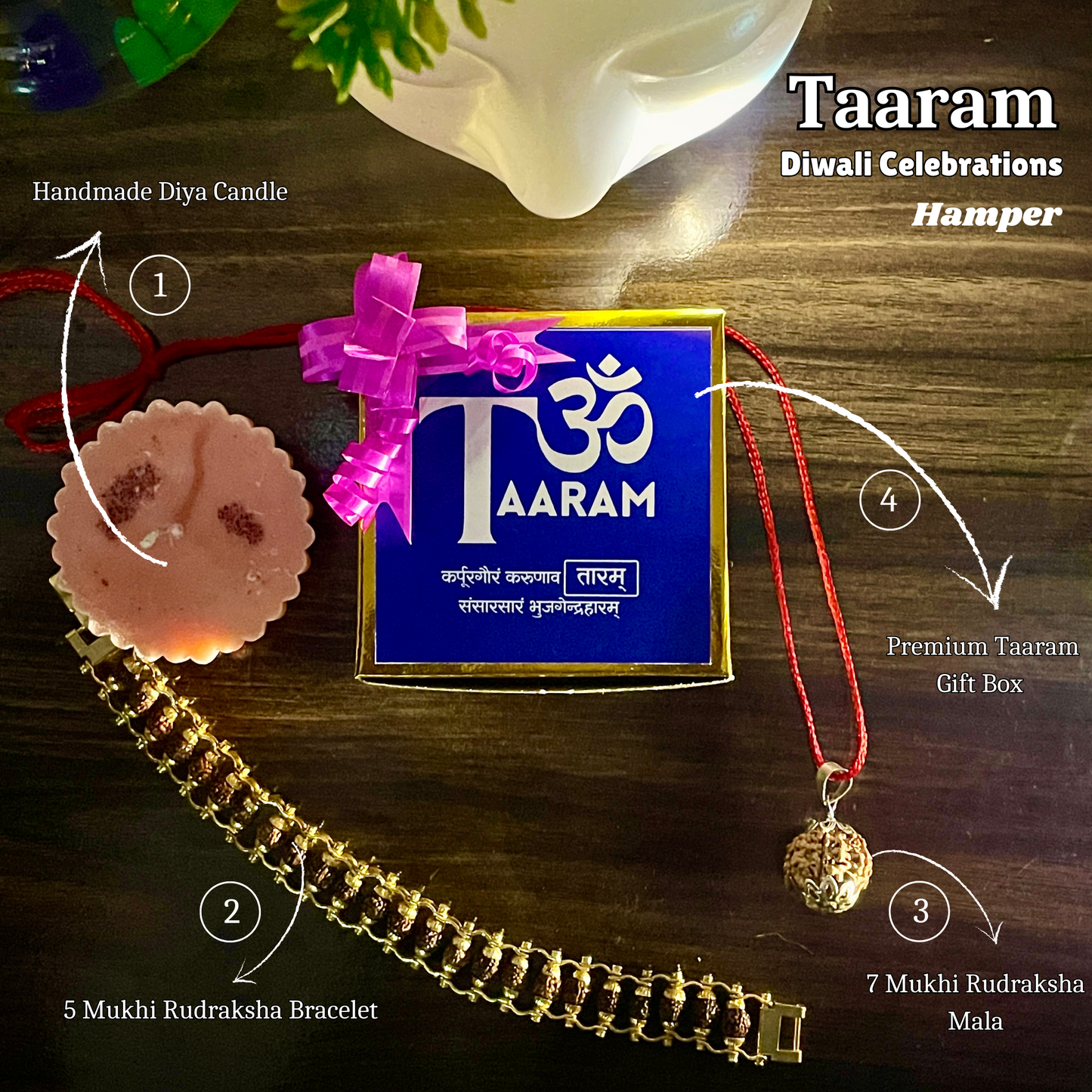 Taaram Diwali Celebrations - Rudraksha Shubh Diwali Hamper (5 Mukhi Rudraksha Bracelet, 7 Mukhi Rudraksha Mala & Handmade Fragrant Diya Candle)